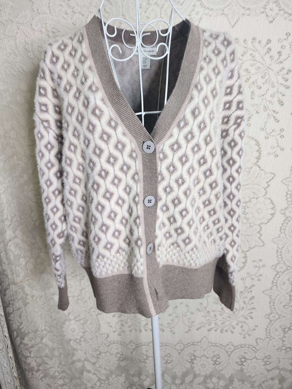 cupcakes & cashmere Cream and Taupe Diamond-Pattern Button Cardigan